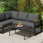 Brown Metal Garden Coffee Table with Woodgrain Top and Foot Pads for Outdoor Use