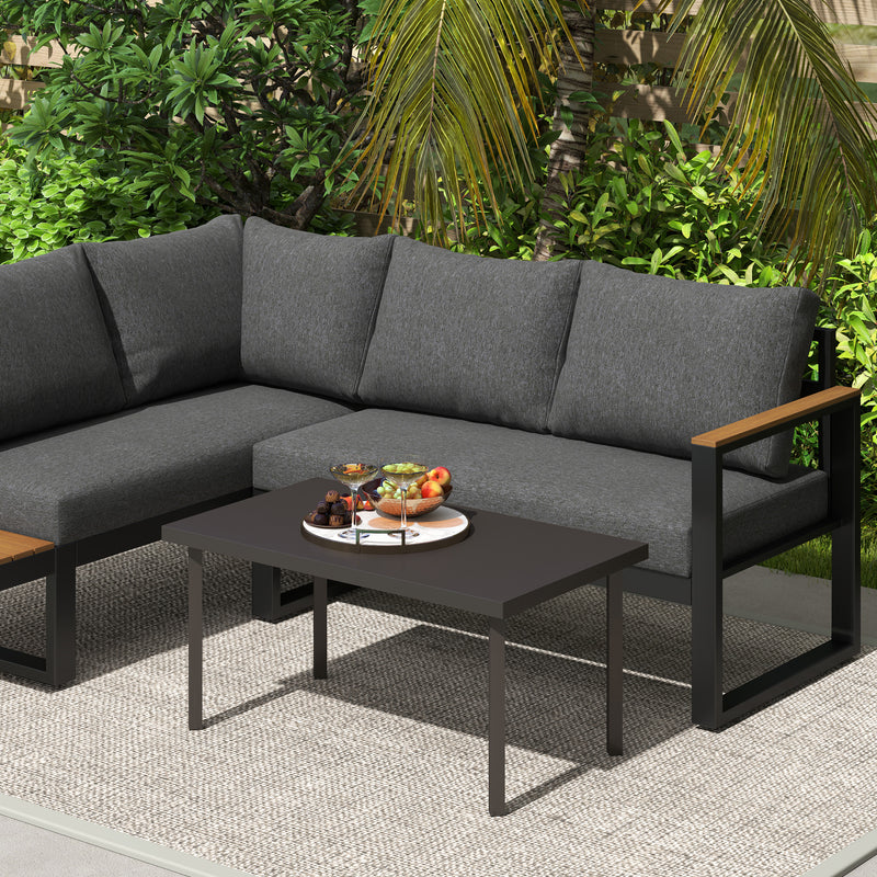 Brown Metal Garden Coffee Table with Woodgrain Top and Foot Pads for Outdoor Use