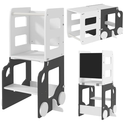 Foldable Toddler Step Stool With Safety Rail For Kitchen And Bathroom Use Grey AOSOM
