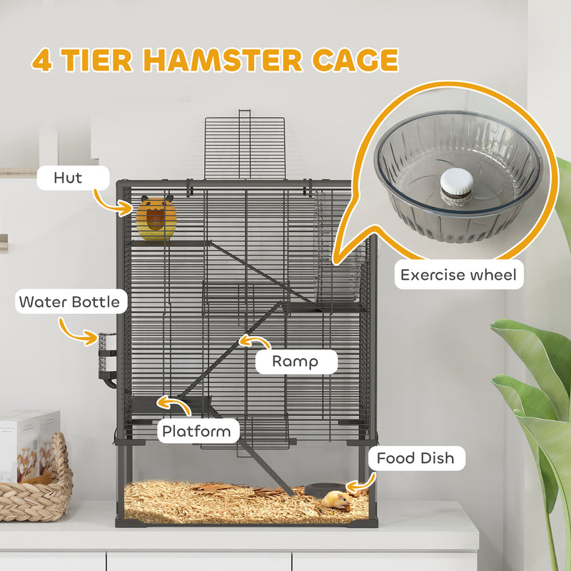 4 Tier Hamster Cage with Glass Base Running Wheel and Accessories by PawHut