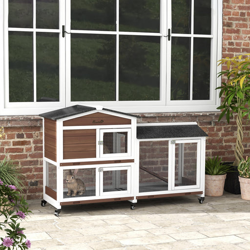 Two Tier Wooden Pet Hutch With Wheels And Outdoor Run For Rabbits Or Guinea Pigs Brown