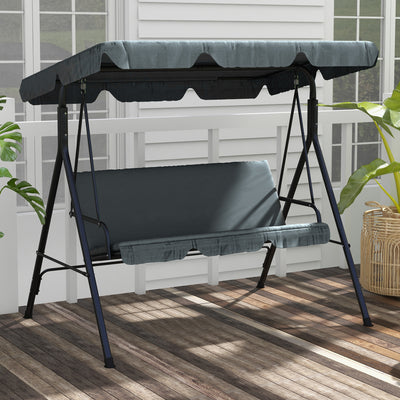 Grey 3 Seater Garden Swing Chair With Adjustable Canopy And Cushions For Outdoors Outsunny