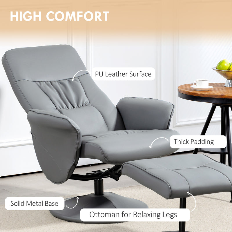 Swivel Recliner Chair with Footstool High Back PU Leather Armchair for Living Room Light Grey