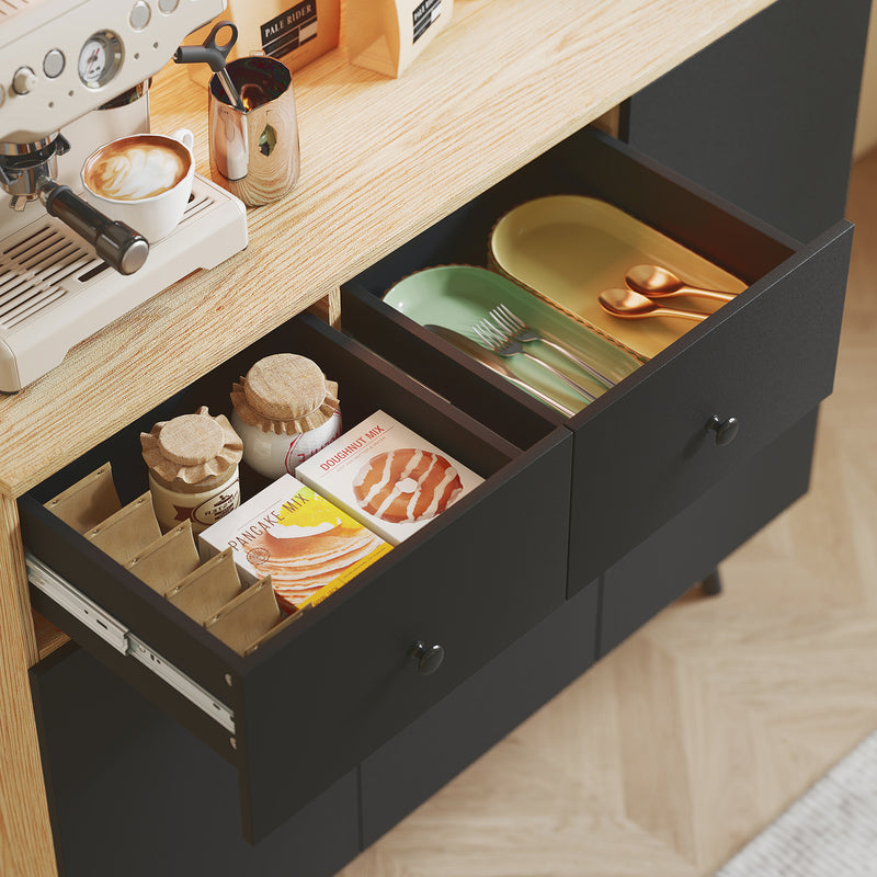 Tall Kitchen Storage Cabinet with LED Lighting and Adjustable Shelves, Oak and Black