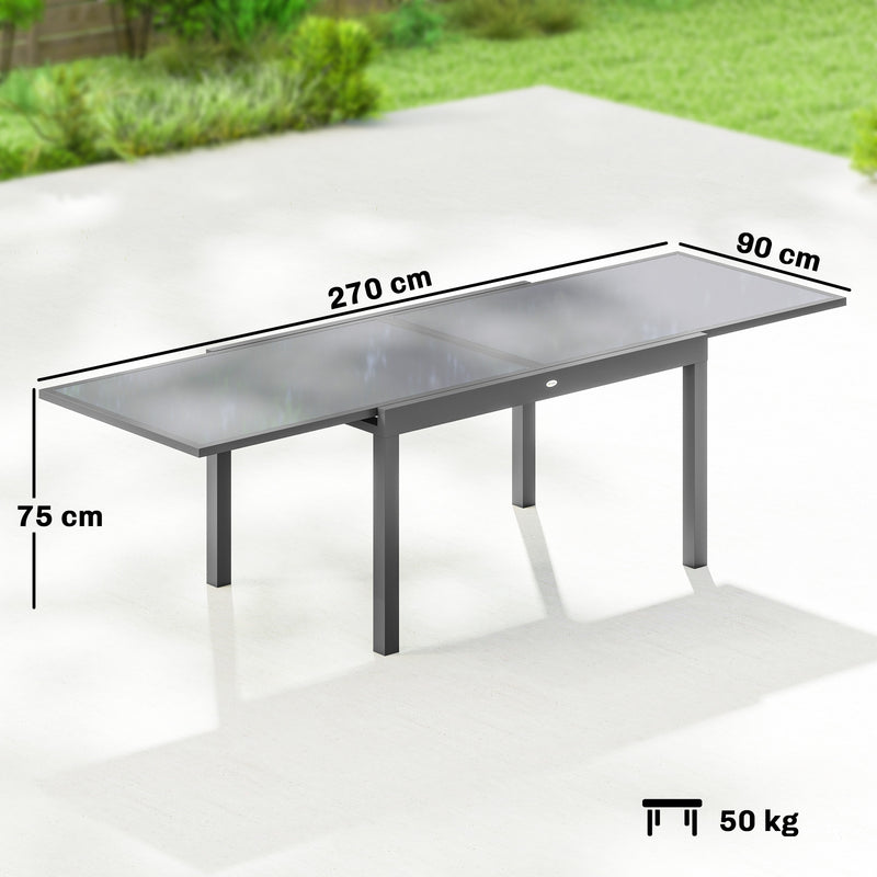 Extendable Garden Dining Table for 6 to 10 People with Easy Clean Glass Top Grey Outsunny