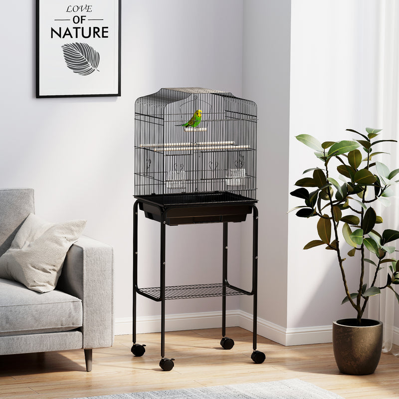 Black Bird Cage for Budgies Canaries Finches with Stand Wheels Storage Shelf by PawHut