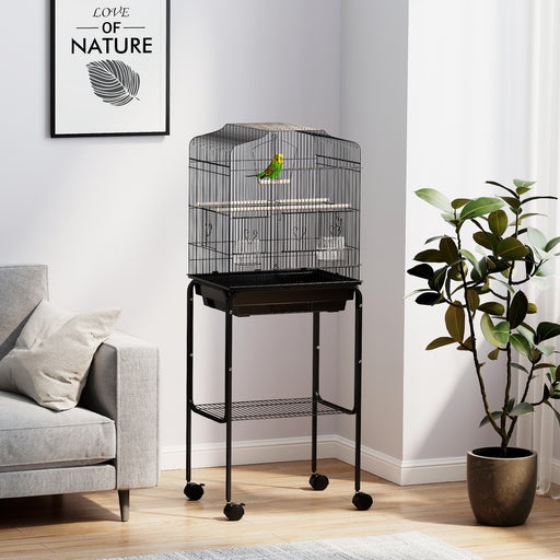 Black Bird Cage for Budgies Canaries Finches with Stand Wheels Storage Shelf by PawHut