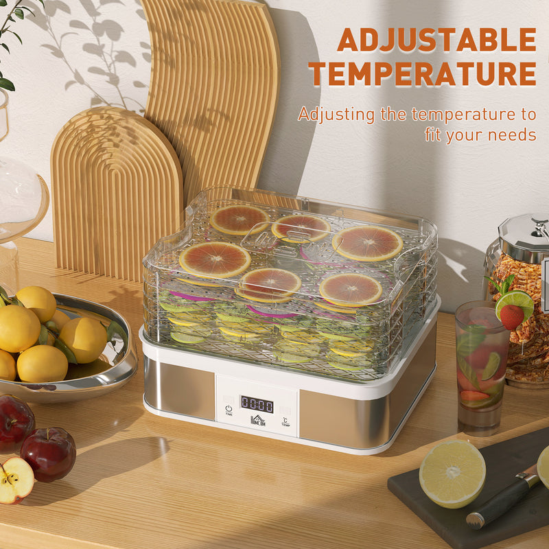 5 Tier Stainless Steel Food Dehydrator with Timer LCD Display for Snacks and Jerky White