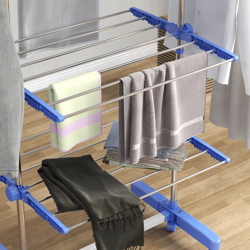 Four Shelf Folding Clothes Airer with Side Wings and Wheels for Indoor Drying, Blue