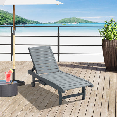 Grey Wooden Sun Lounger with Built-In Table Reclining Backrest and Wheels by Outsunny