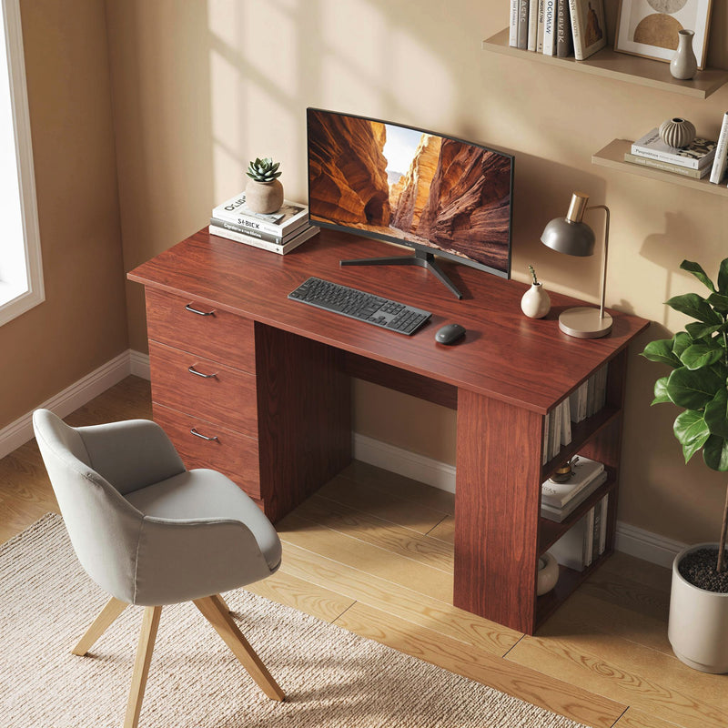 Home Office Computer Desk With Drawers and 3 Storage Shelves for Work or Study Walnut Brown AOSOM