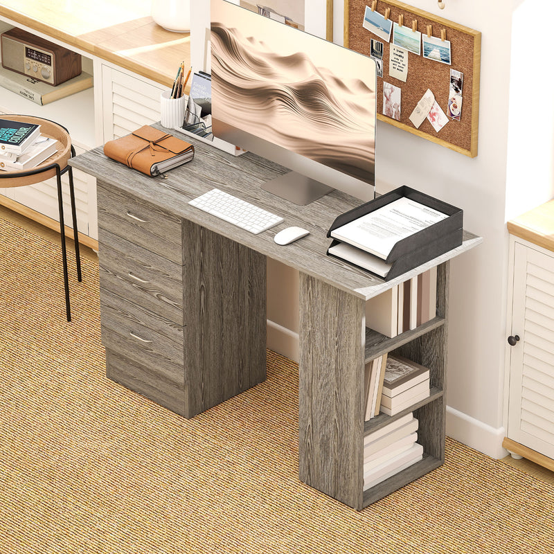 Computer Desk With Drawers and 3 Storage Shelves for Home Office Workstation, Grey