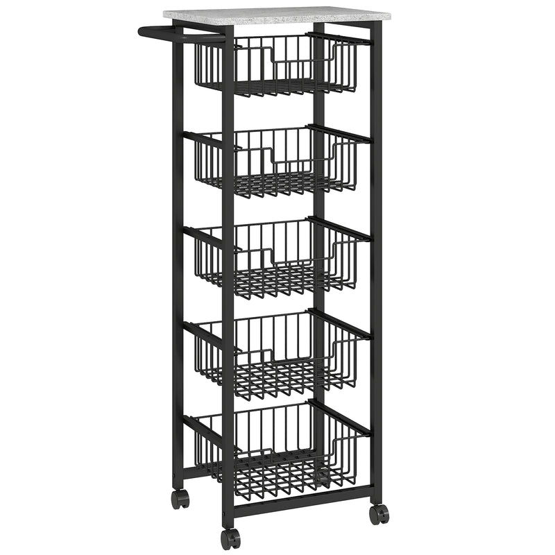 Mobile Kitchen Island with Five Storage Baskets and Lockable Wheels for Easy Movement Grey Black