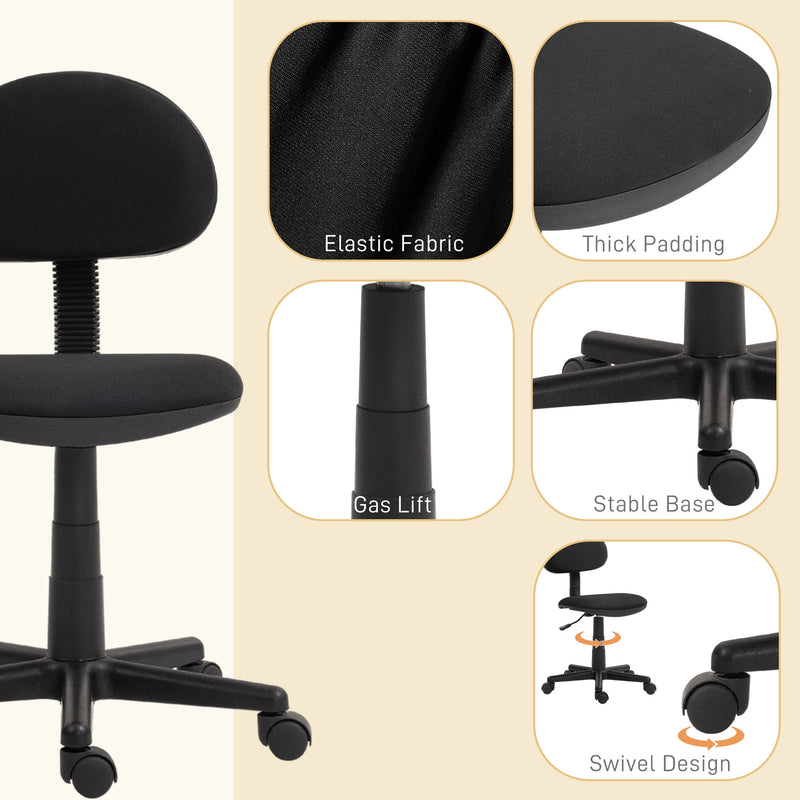 Compact Armless Office Chair with Swivel Base Ideal for Home or Study Desk, Black