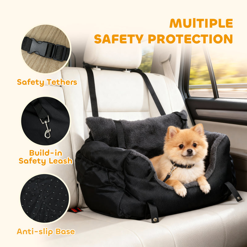 Dog Car Seat For Small Dogs With Safety Leash And Washable Cover For Travel, Black