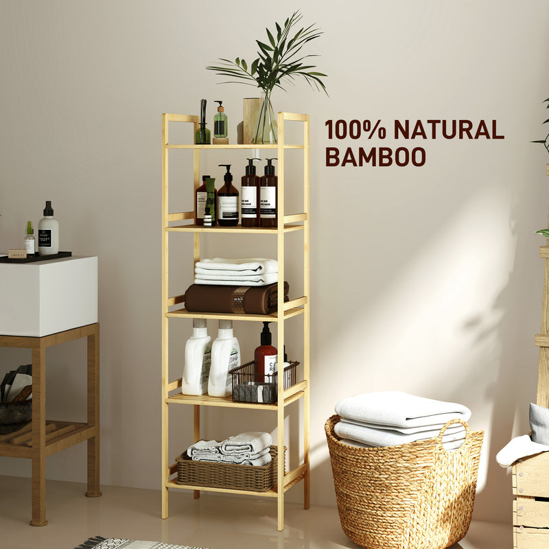 5 Tier Bamboo Bathroom Storage Shelf Freestanding Adjustable Rack Natural Wood