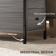 Narrow Grey Wood Bedside Table with 2 Drawers and Shelf for Small Spaces
