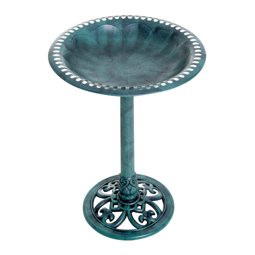 Garden Bird Bath Feeder Stand with Scallop Design and Vintage Finish for Outdoors, Green