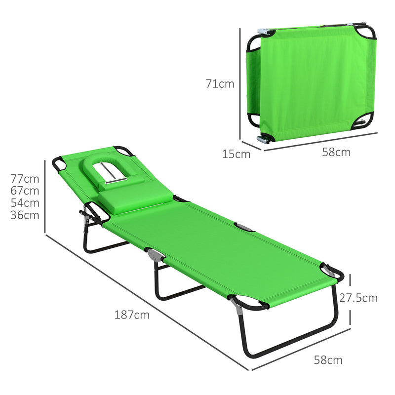 Green Folding Sun Lounger Set of 2 with Face Hole and Adjustable Backrest for Garden