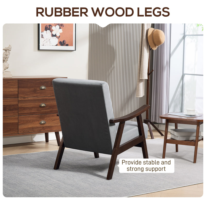 Grey Upholstered Velvet Armchair With Solid Wood Frame and Padded Seat by HOMCOM