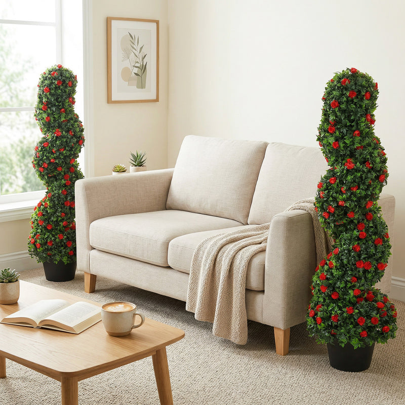 Artificial Rose Spiral Topiary Trees Set of 2 for Easy Care Doorway or Patio Display Red AOSOM