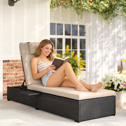 Rattan Sun Lounger With Adjustable Recline Cushion and Side Tray for Garden Relaxation Black Outsunny