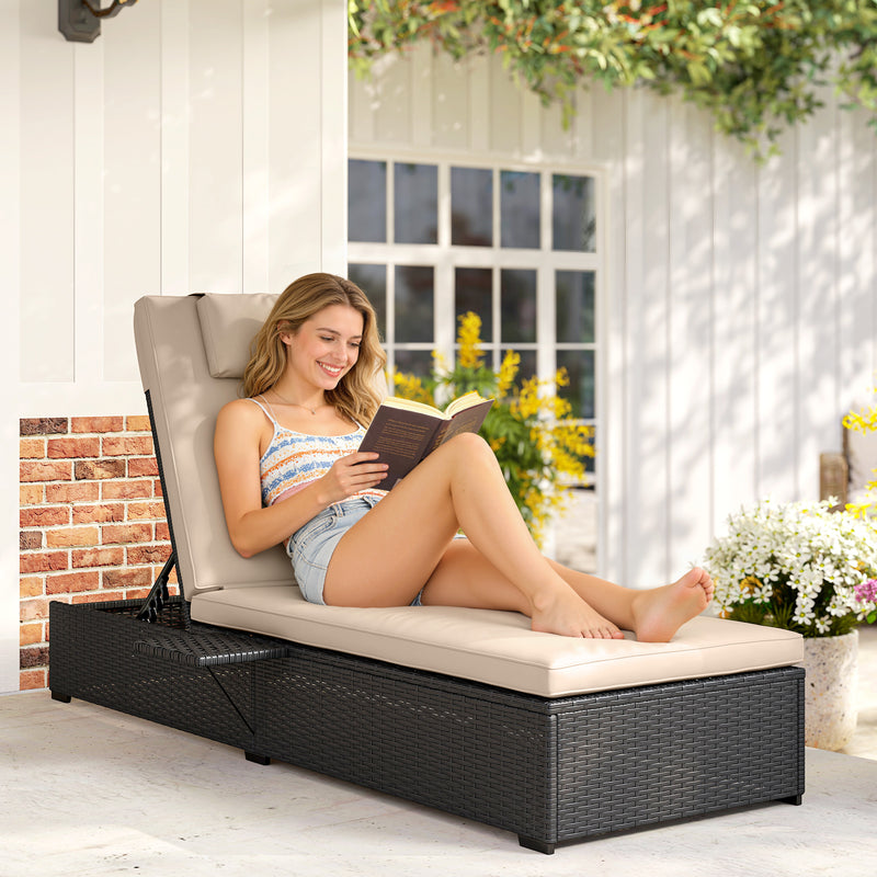 Rattan Sun Lounger With Adjustable Recline Cushion and Side Tray for Garden Relaxation Black Outsunny