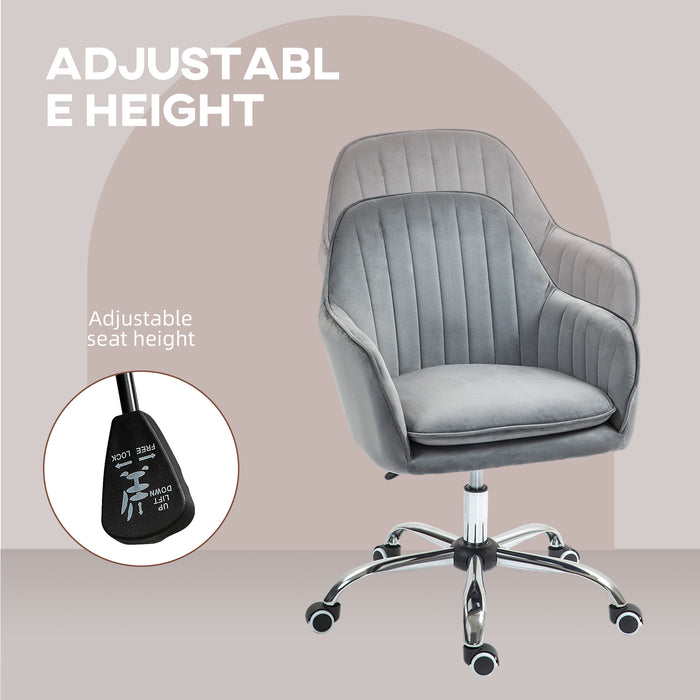 Grey Velvet Swivel Desk Chair with Adjustable Height and Wheels by HOMCOM