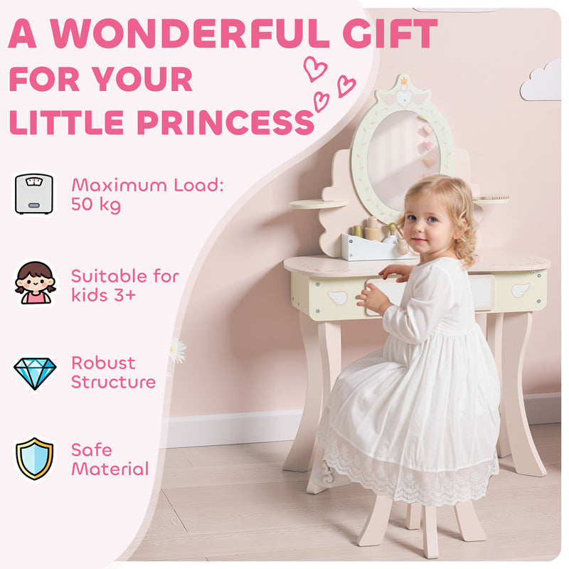 Kids Vanity Dressing Table Set With Mirror Stool Storage And Accessories For Girls Pink