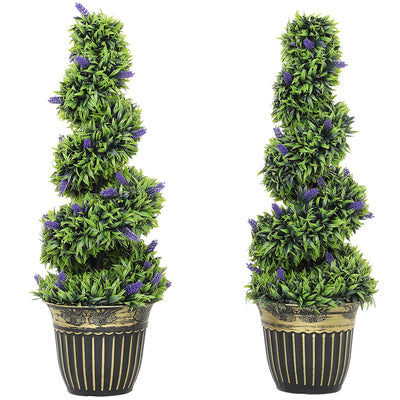 Set of 2 Artificial Boxwood Spiral Topiary Trees with Lavender in Pots 90cm for Indoor Outdoor Decor