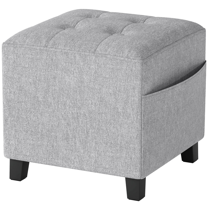 Small Light Grey Linen Ottoman Footstool With Side Pocket And Padded Seat For Living Room
