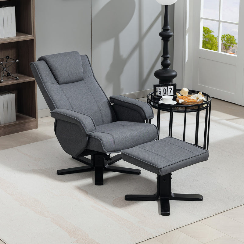 Charcoal Grey Swivel Recliner Chair with Footstool in Linen Fabric