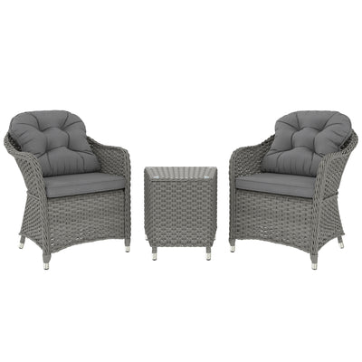 3 Piece Rattan Bistro Set with Cushions and Glass Table for Garden and Balcony Light Grey by Outsunny