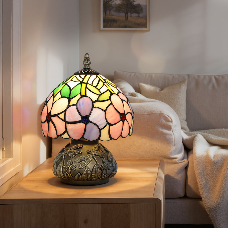 Tiffany Style Table Lamp with Dragonfly Base Handcrafted Stained Glass for Bedroom Pink