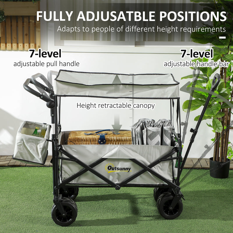 Grey Folding Camping Trolley Wagon With Canopy And Handle For Beach Or Garden Use
