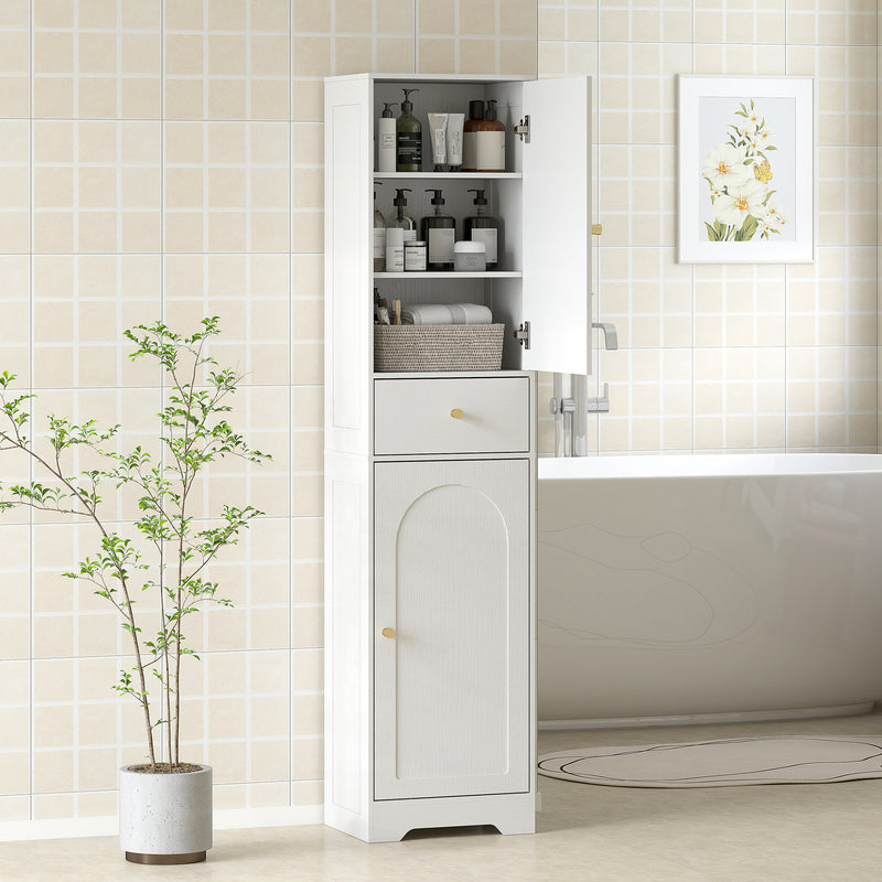 Tall Bathroom Storage Cabinet with Arched Double Doors and Shelves for Home, White