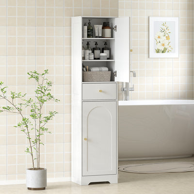 Tall Bathroom Storage Cabinet with Arched Double Doors and Shelves for Home, White
