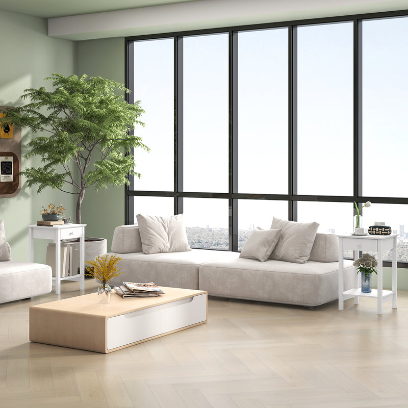 2 White Wooden Bedside Tables with Drawer and Storage Shelf by HOMCOM