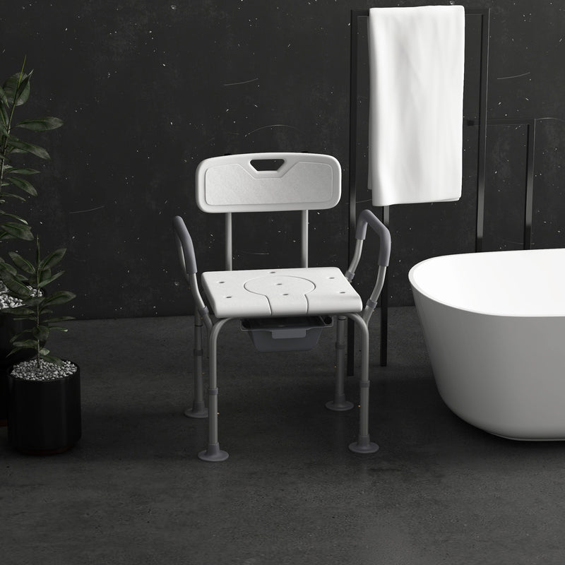 Height Adjustable Shower Stool with Arms Backrest and Removable Commode for Elderly, White