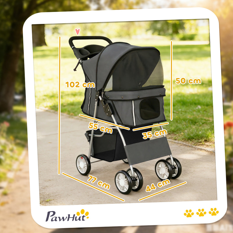 Foldable Pet Stroller With 360 Swivel Wheels And Reflective Strips For Dogs And Cats Dark Grey
