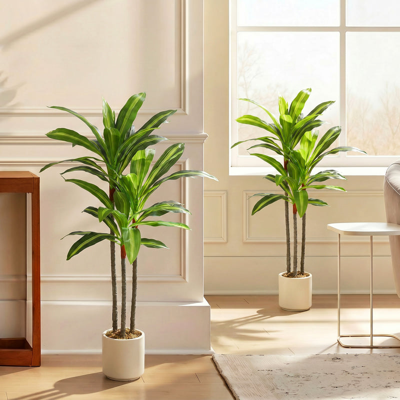 Artificial Dracaena Trees Set of 2 for Easy Maintenance Indoor Greenery with White Planters Green