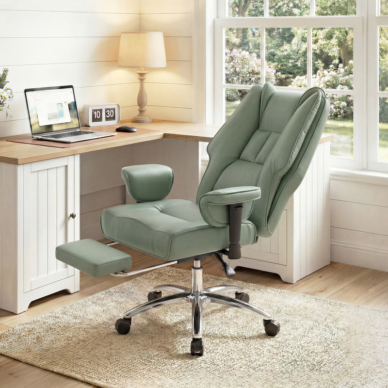 Ergonomic Office Chair with Reclining Footrest for All Day Comfort and Pet Friendly Faux Leather Green Homcom