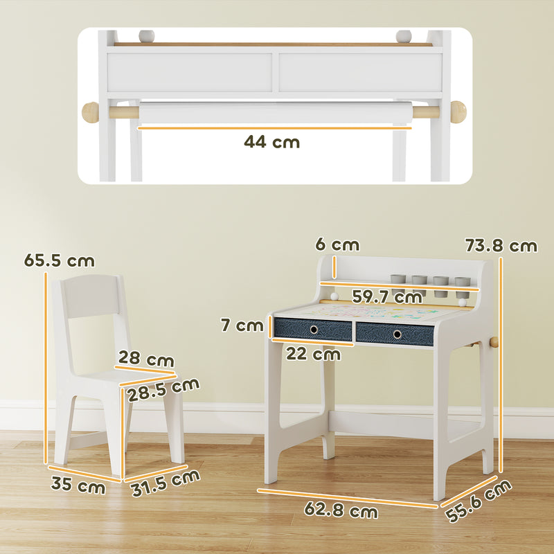 Kids Art Table and Chair Set with Storage Shelf and Drawers Ideal for Creative Play White AOSOM