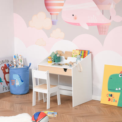 Kids Desk and Chair Set with Bookshelf and Drawer for Study and Play Ages 3 to 6, White