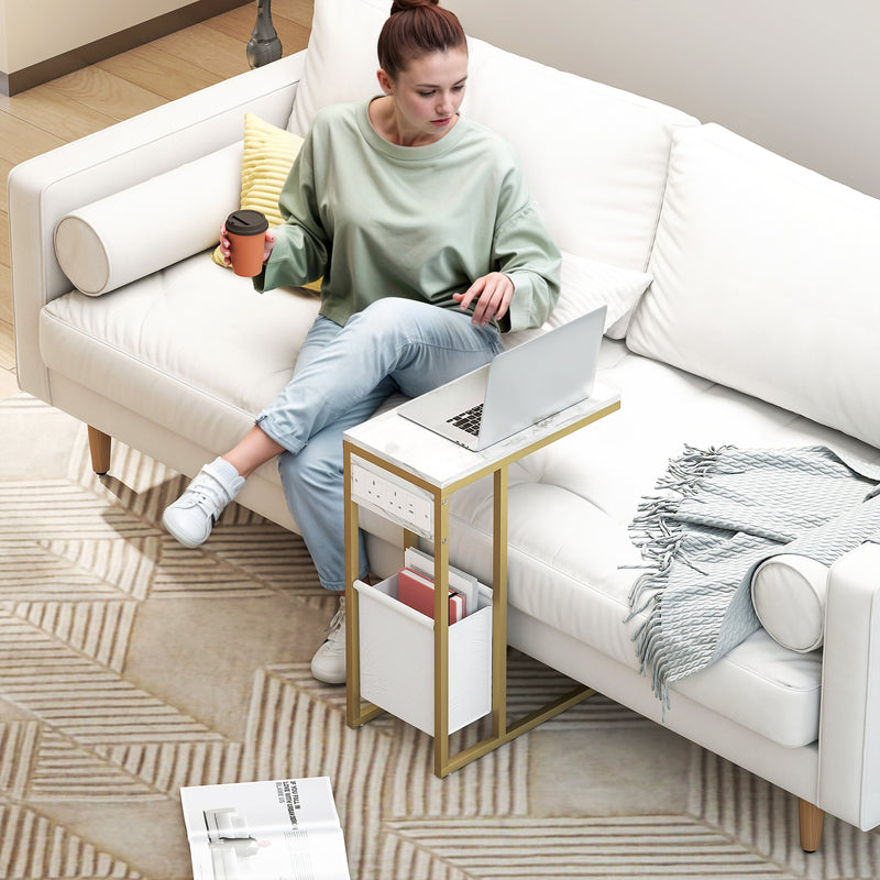 White C Shaped Side Table with USB Charging Station and Faux Marble Top for Living Room