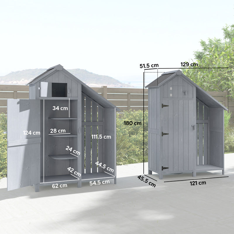 Metal Garden Storage Shed with 3 Shelves and Log Rack for Firewood Organisation Grey
