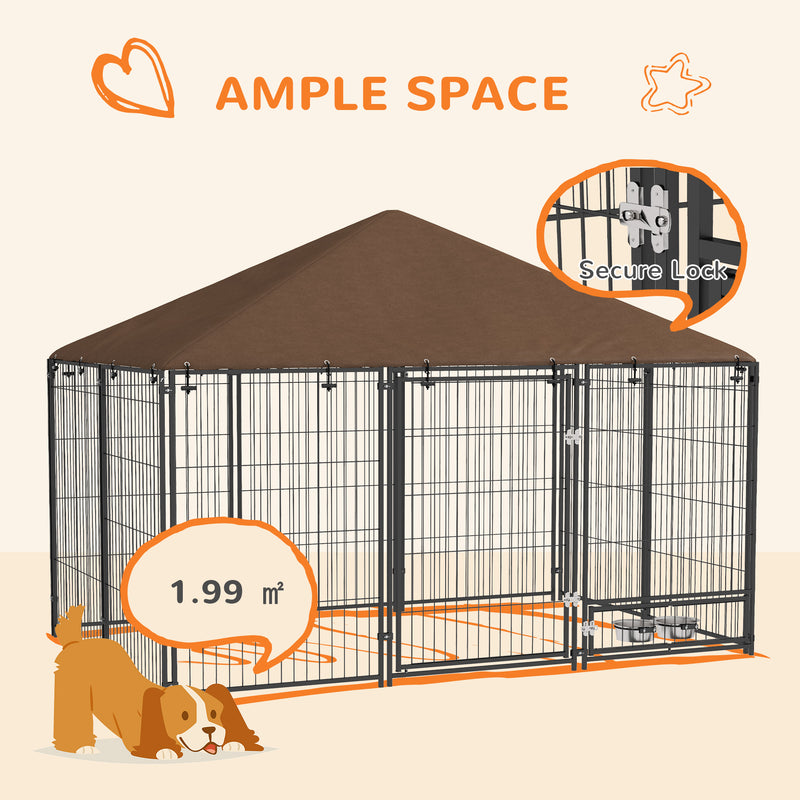 Outdoor Dog Kennel with Canopy and Rotating Bowl Puppy Playpen Enclosure by PawHut