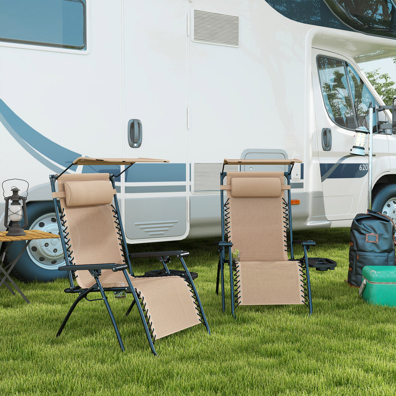 Beige Zero Gravity Garden Sun Lounger Set with Headrests Cup Holders and Canopy Shade