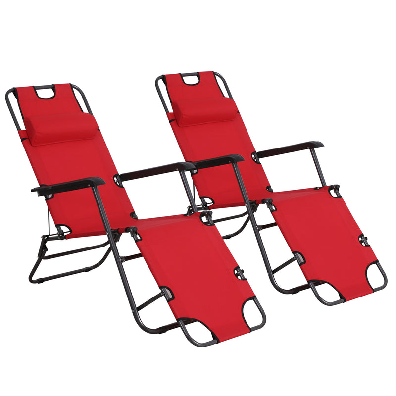 Set of 2 Folding Garden Sun Loungers with Reclining Backrest and Head Pillow Red AOSOM