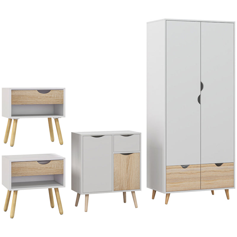 3 Piece Bedroom Furniture Set with Wardrobe Storage and Bedside Table, White and Wood AOSOM